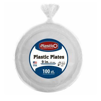 Plastico 9" Plates - White Plastic - 100 Count