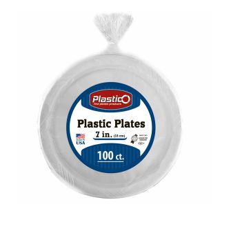 Plastico 7" Plates - White Plastic - 100 Count