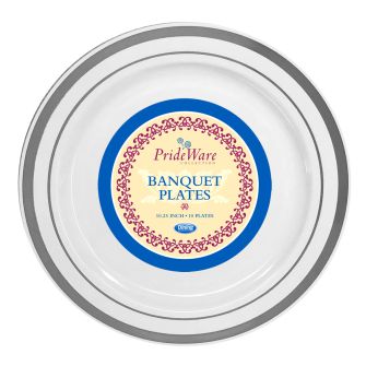 PrideWare 10.25" Banquet Plates - White/Silver Plastic - 10 Count