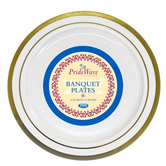 PrideWare 10.25" Banquet Plates - Ivory/Gold Plastic - 10 Count