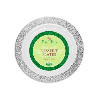 FrillWare 6" Dessert Plates - White/Silver Plastic - 10 Count