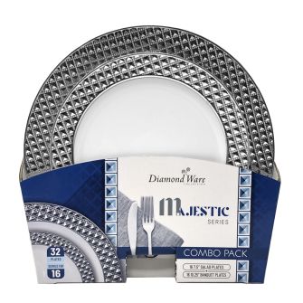 DiamondWare Majestic (Salad & Banquet Plate) Combo Pack – White / Silver