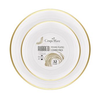 Coupeware Ribbed Round Combo Plates (Pearl & Gold) - 32 Ct.