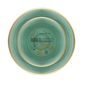 Coupeware Ribbed Round Combo Plates (Green & Gold) - 32 Ct.