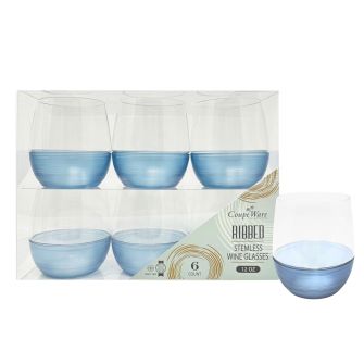 Coupeware Ribbed Stemless Wine Glass 12 oz. (Blue) - 6 Ct.