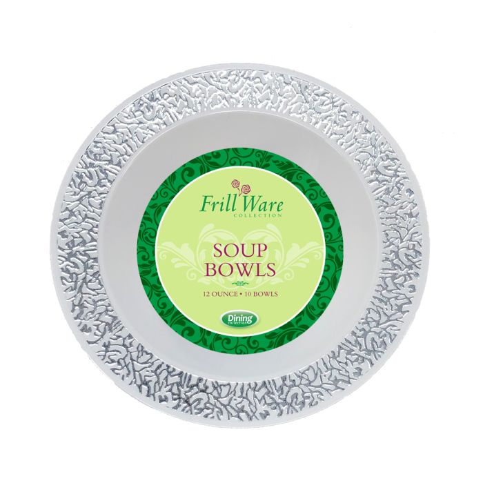 FrillWare 12 oz. Soup Bowls - White/Silver Plastic - 10 Count