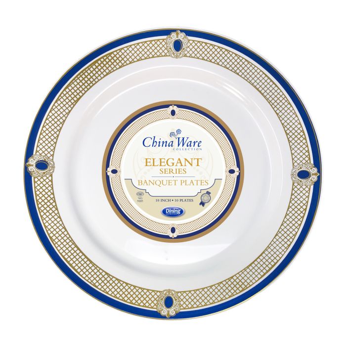 ChinaWare Elegant 10" Banquet Plates - White/Cobalt/Gold - 10 Ct.