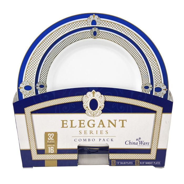 ChinaWare Elegant (Salad & Banquet Plate) Combo Pack – White/Cobalt/Gold