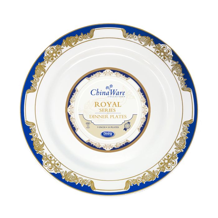 ChinaWare Royal 9" Dinner Plates - White/Cobalt/Gold - 10 Count