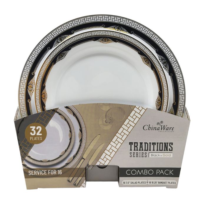  ChinaWare Traditions (Salad & Banquet Plate) Combo Pack – Black/Gold