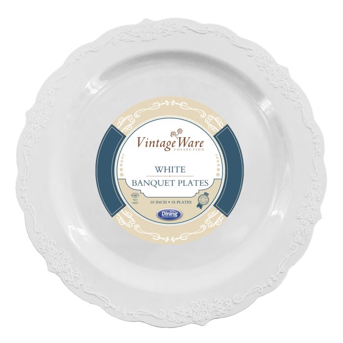 VintageWare 10" Banquet Plates - White Plastic - 18 Count