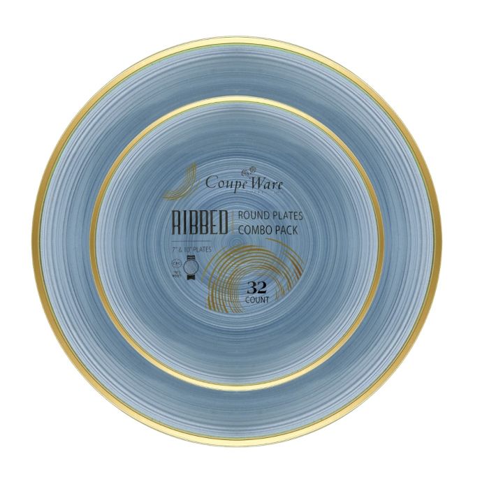 Coupeware Ribbed Round Combo Plates (Blue & Gold) - 32 Ct.