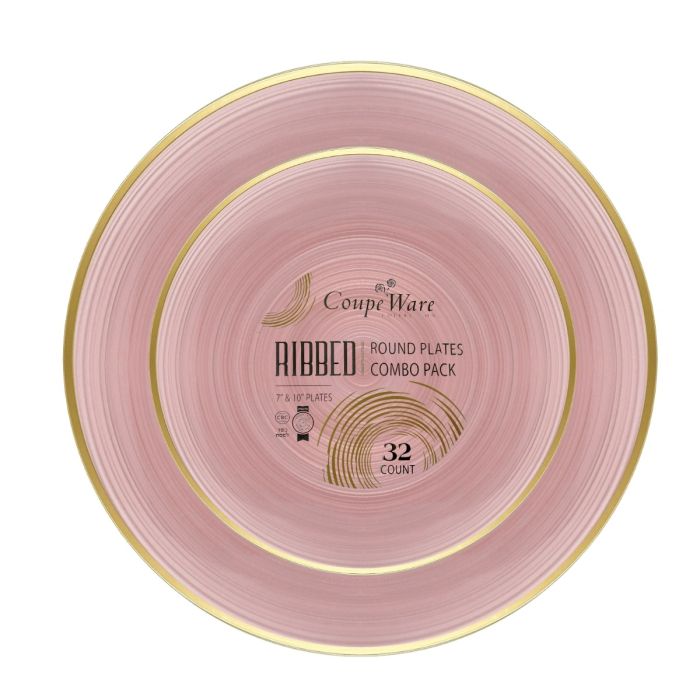Coupeware Ribbed Round Combo Plates (Pink & Gold) - 32 Ct.