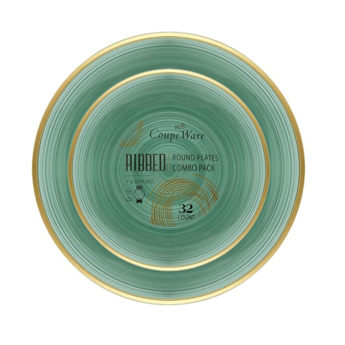 Coupeware Ribbed Round Combo Plates (Green & Gold) - 32 Ct.