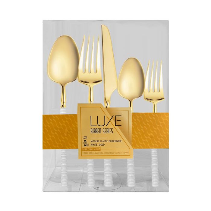 Dining Collection Luxe Ribbed Series Cutlery Combo Pack (White/Gold) - 40 Ct.