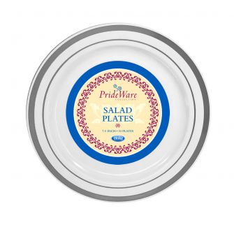 PrideWare 7.5" Salad Plates - White/Silver Plastic - 10 Count