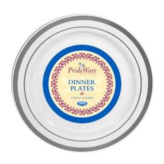 PrideWare 9" Dinner Plates - White/Silver Plastic - 10 Count
