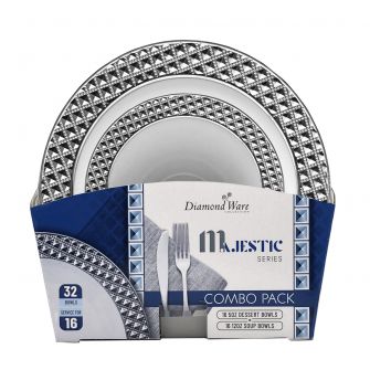 DiamondWare Majestic (Dessert & Soup Bowl) Combo Pack – White / Silver