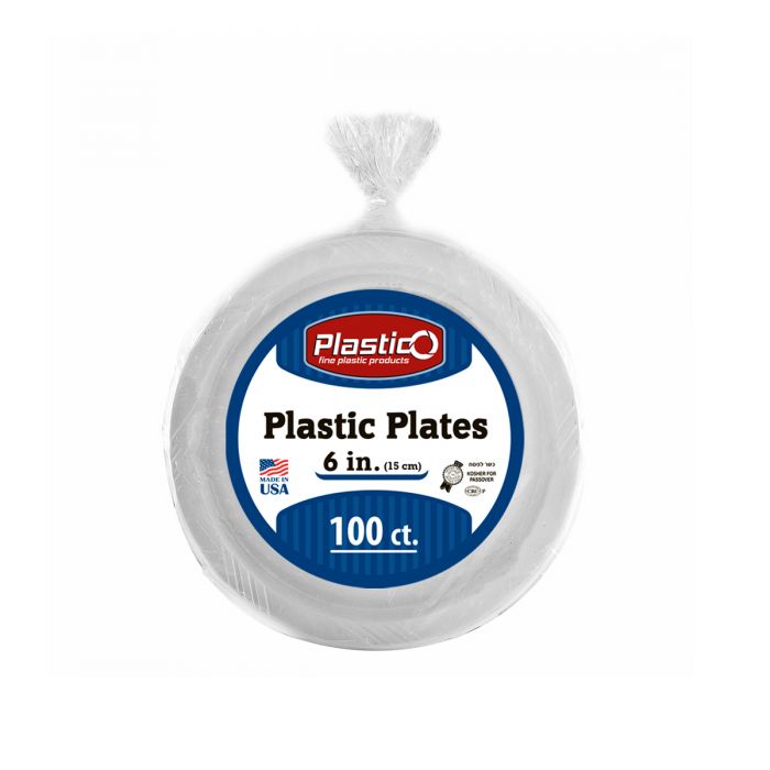 Plastico 6" Plates - White Plastic - 100 Count
