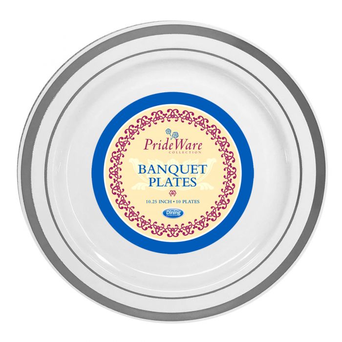 PrideWare 10.25" Banquet Plates - White/Silver Plastic - 10 Count