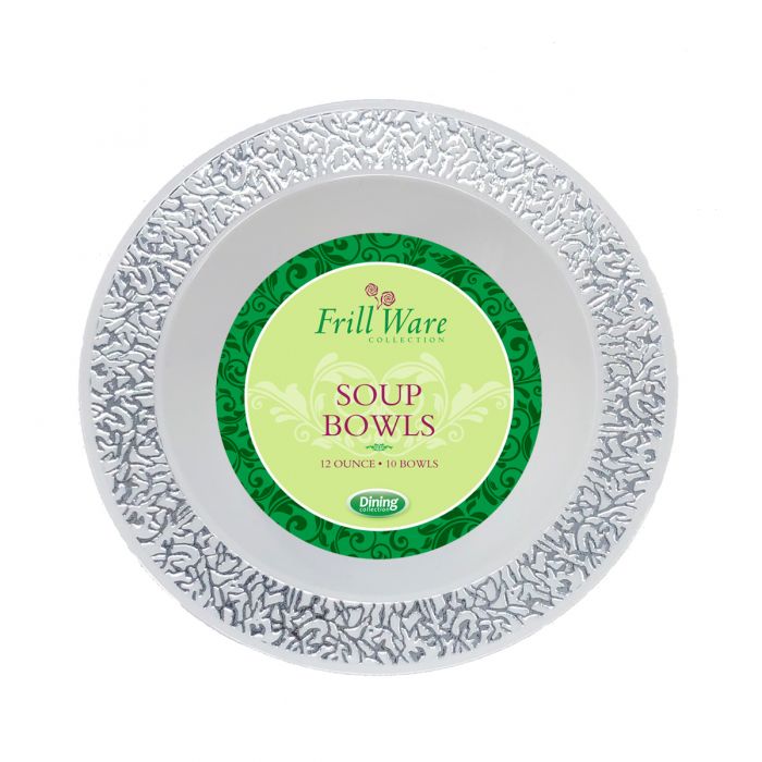 FrillWare 12 oz. Soup Bowls - White/Silver Plastic - 10 Count