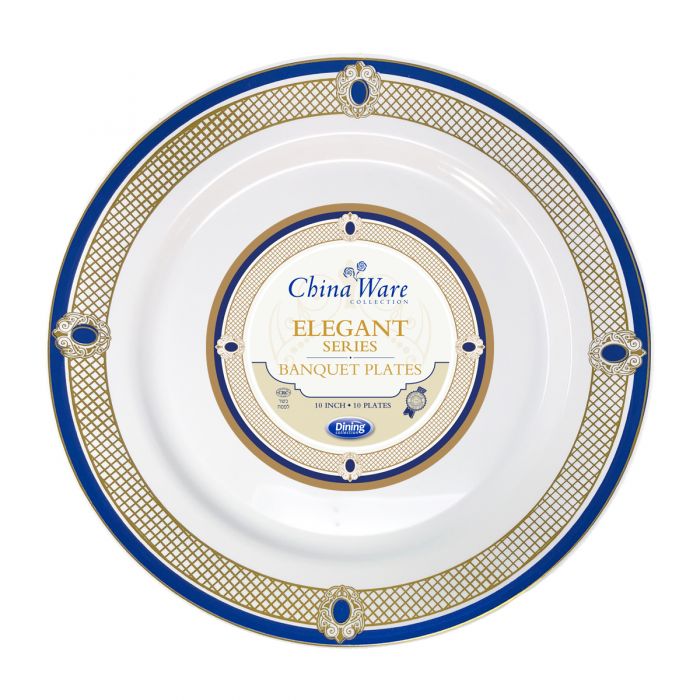 ChinaWare Elegant 10" Banquet Plates - White/Cobalt/Gold - 10 Ct.