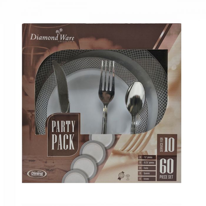 DiamondWare Party Pack (Service for 10) 60 pc. Set (White/Silver)