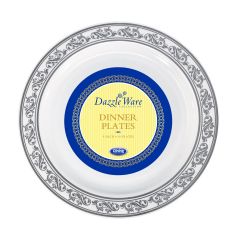 DazzleWare 9" Dinner Plates - White/Silver Plastic - 10 Count