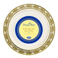 DazzleWare 10.25" Banquet Plates - Ivory/Gold Plastic - 10 Count