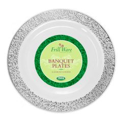 FrillWare 10.25" Banquet Plates - White/Silver Plastic - 10 Count
